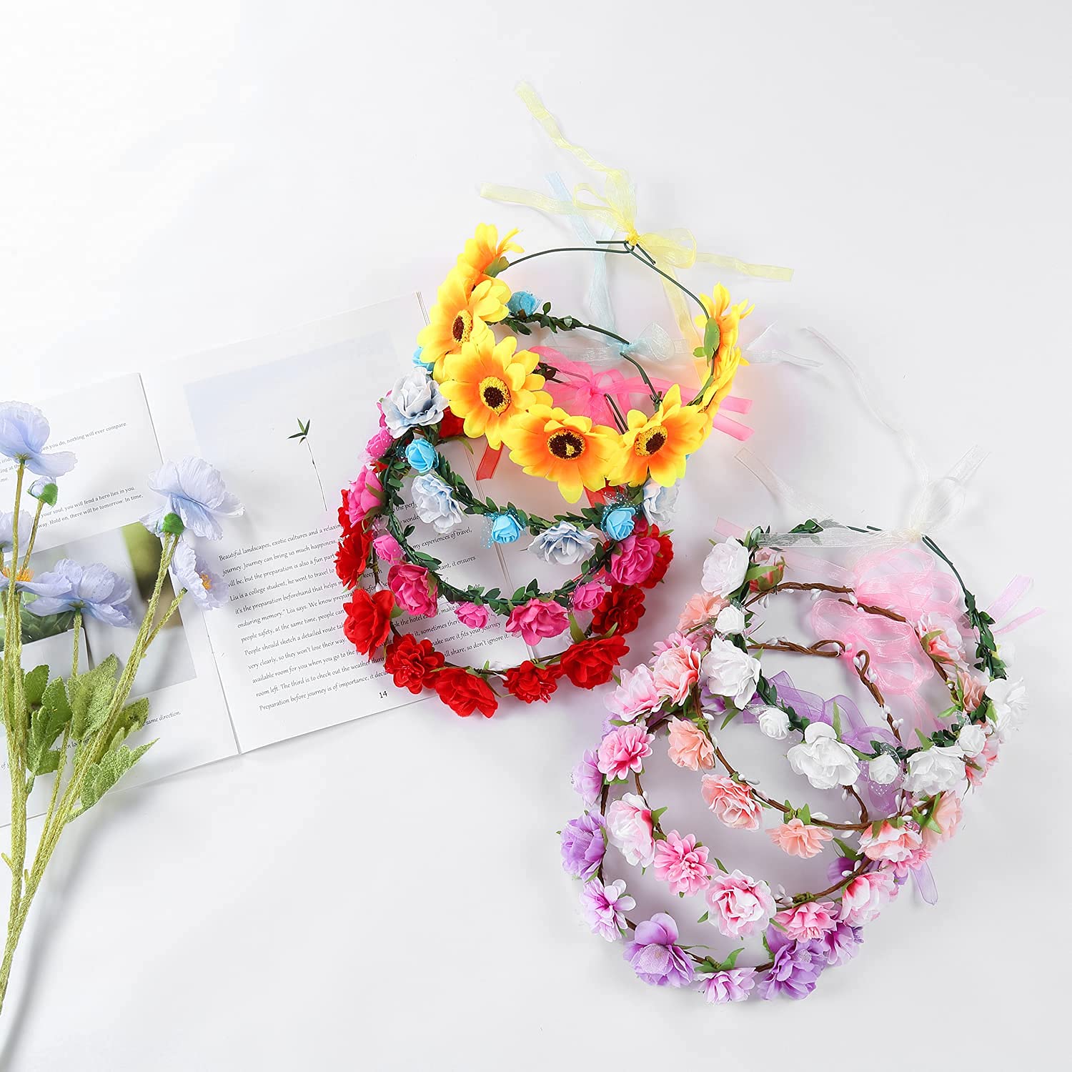 8 Pack Handmade Adjustable Sunflower Rose Flower Wreath Headbands - Bohemian Crown Garland for Women, Brides, Bridesmaids, Teens - Perfect for Weddings, Parties, Festivals & Photo Shoots