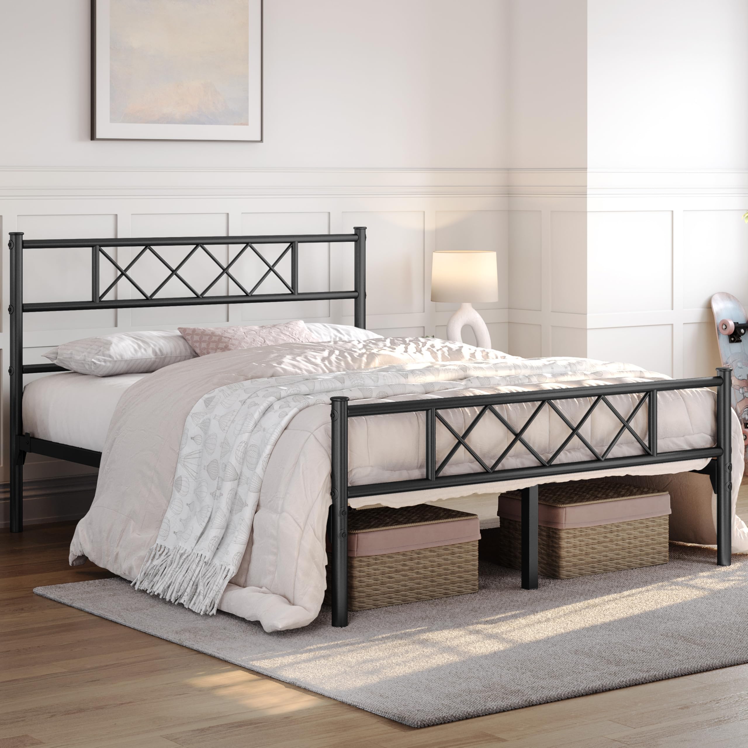 Yaheetech Full Metal Platform Bed Frame with Headboard & Footboard - Queen Size, No Box Spring Needed, Sturdy Steel Slats, Under Bed Storage - Modern Black Bedroom Furniture for Small Spaces & Apartments