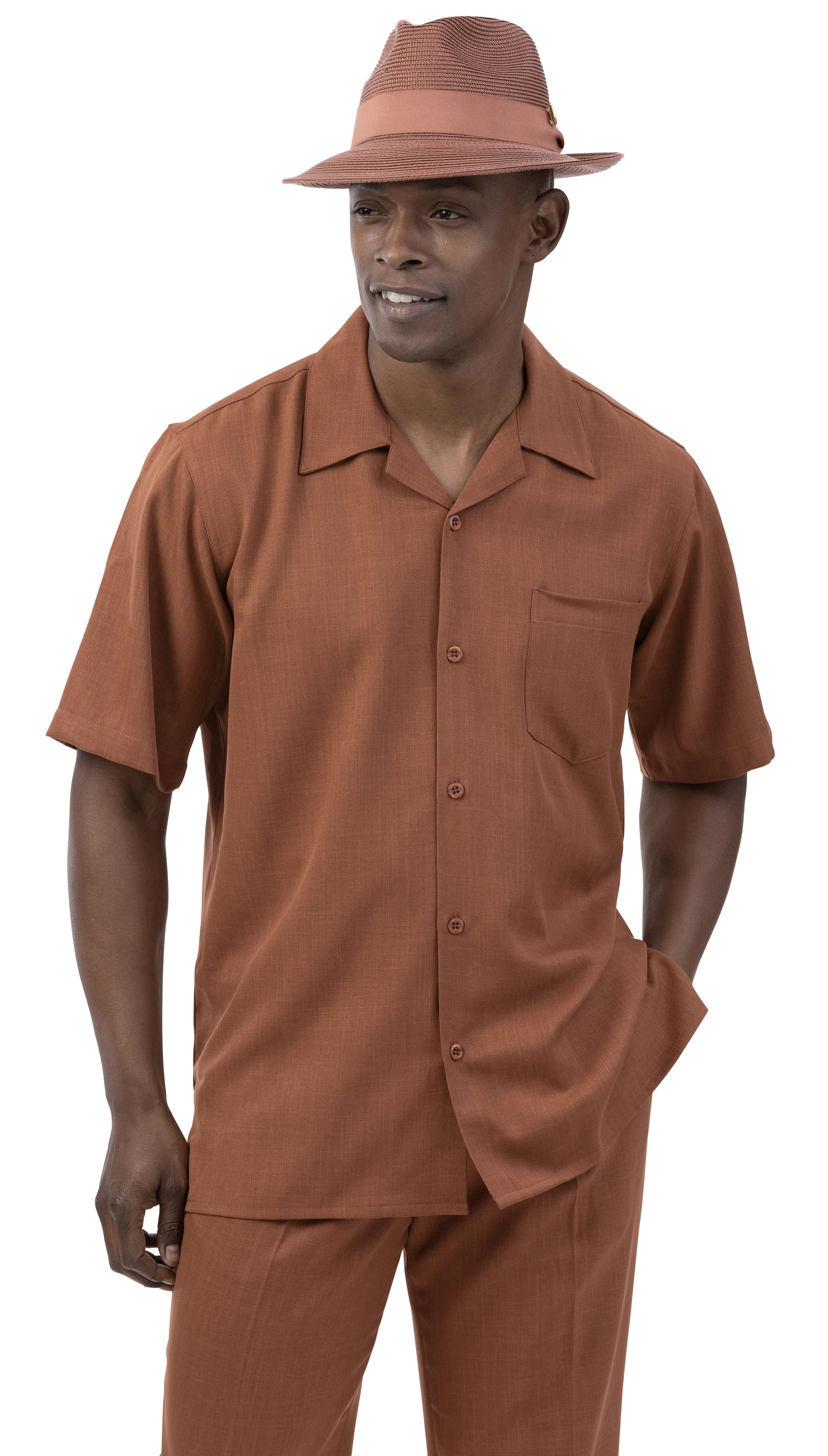 Montique Men's 2-Piece Short Sleeve Walking Suit in Solid Cognac - Lightweight Summer Outfit for Casual Wear & Outdoor Activities