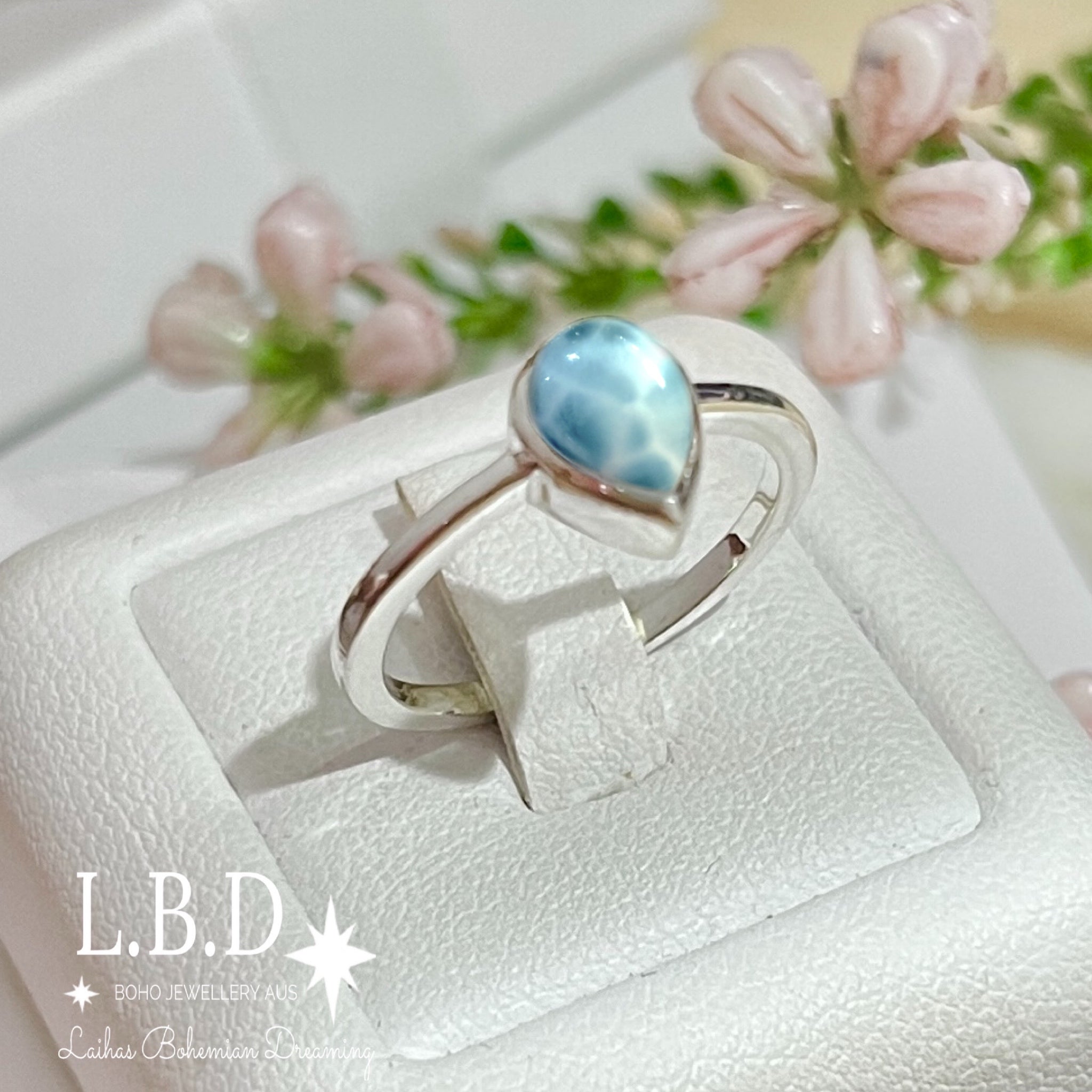Laihas Mini Tearing Spirit Larimar Ring - Genuine Larimar Stone Silver Jewelry for Women, Handmade Boho Chic Ring - Perfect for Meditation, Yoga & Spiritual Healing