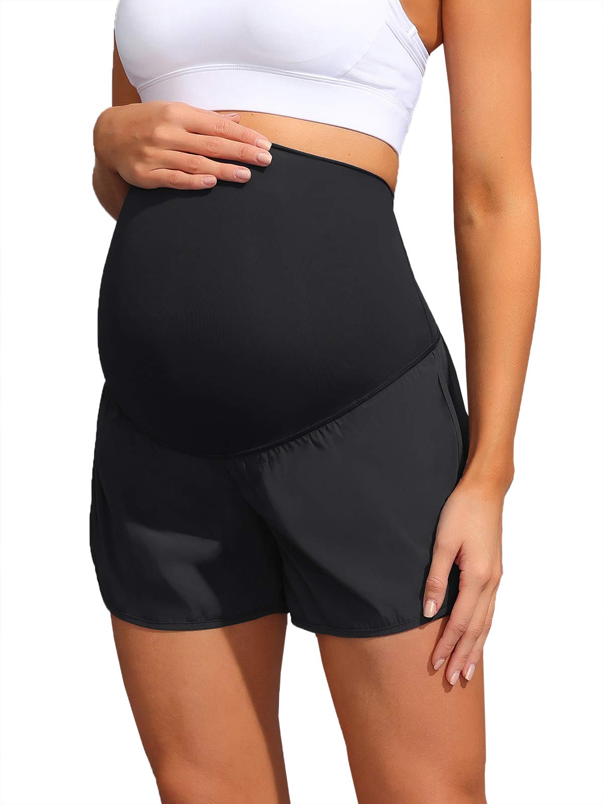 Maacie Women's Maternity Yoga Shorts - Breathable Quick Dry Layered Workout Shorts with Inner Liner & Pockets - Perfect for Pregnancy Exercise, Gym & Lounge Wear