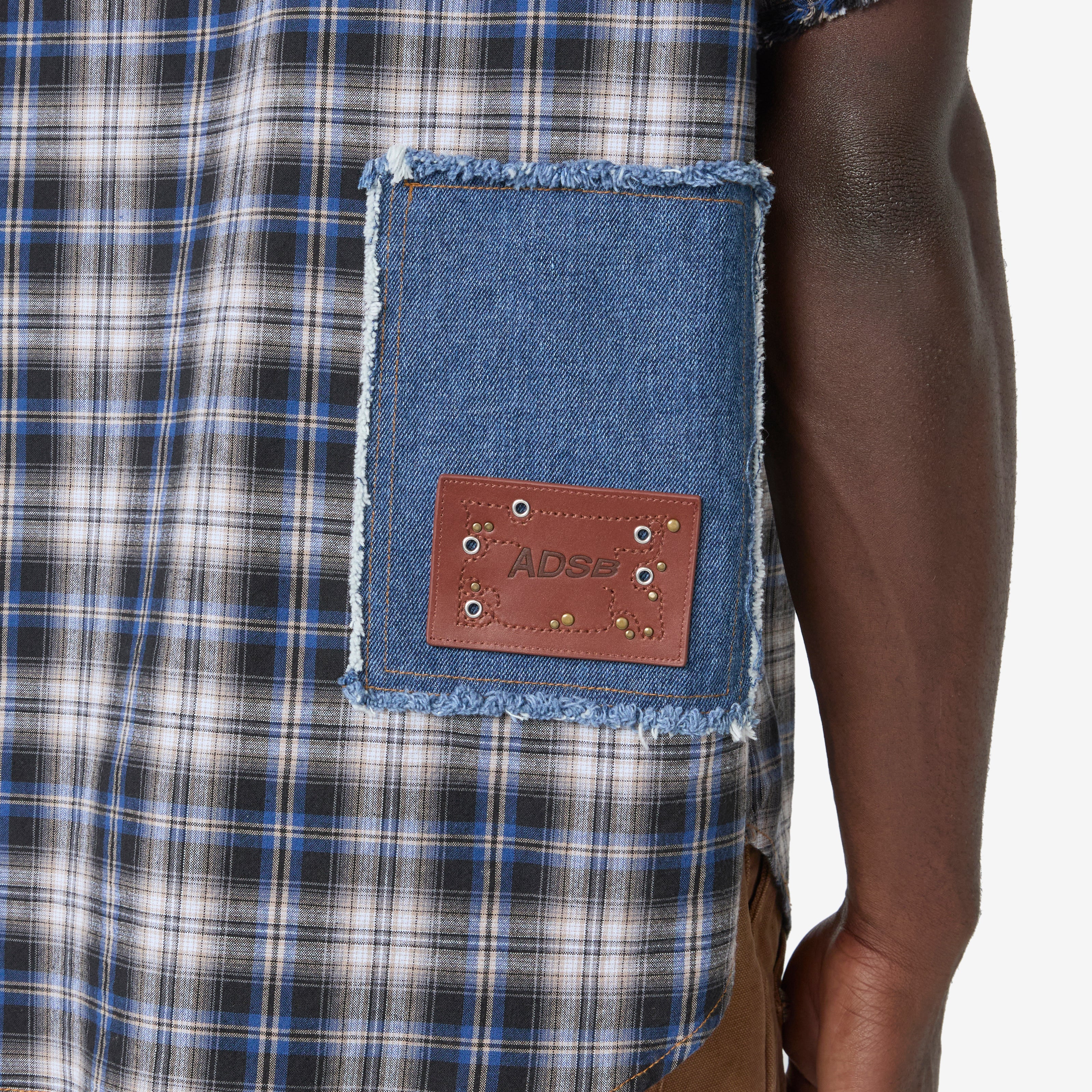 Men's Denim & Check Raw Cut Shirt in Blue - Casual Button Down Shirt for Streetwear and Everyday Outfits