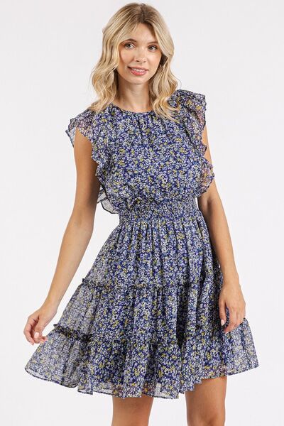 Mittoshop Ditsy Floral Print Ruffle Chiffon Mini Dress - Women's Summer Party Cocktail Dress for Beach Vacation & Date Night