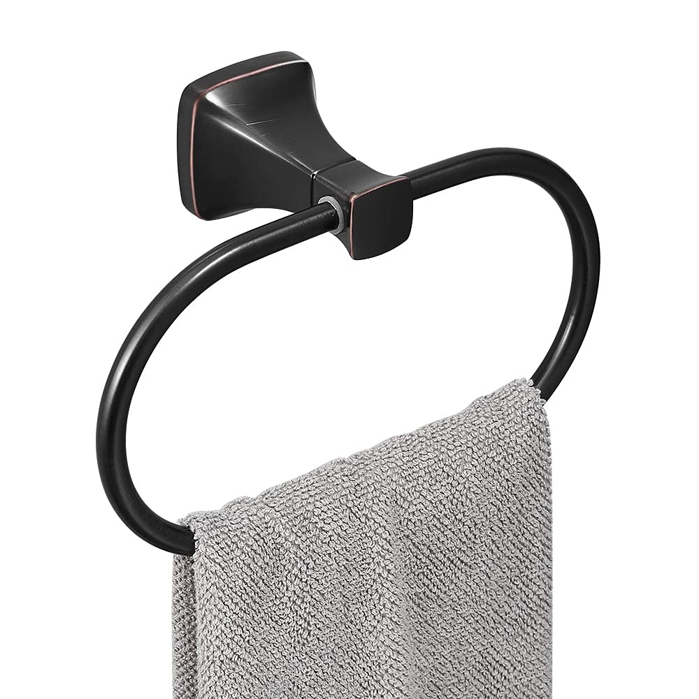 Oil Rubbed Bronze Stainless Steel Hand Towel Ring Holder - Wall Mounted Bathroom Hardware Accessory with Screws & Square Pedestal - Perfect for Powder Rooms, Guest Bathrooms & Spa-Style Decor