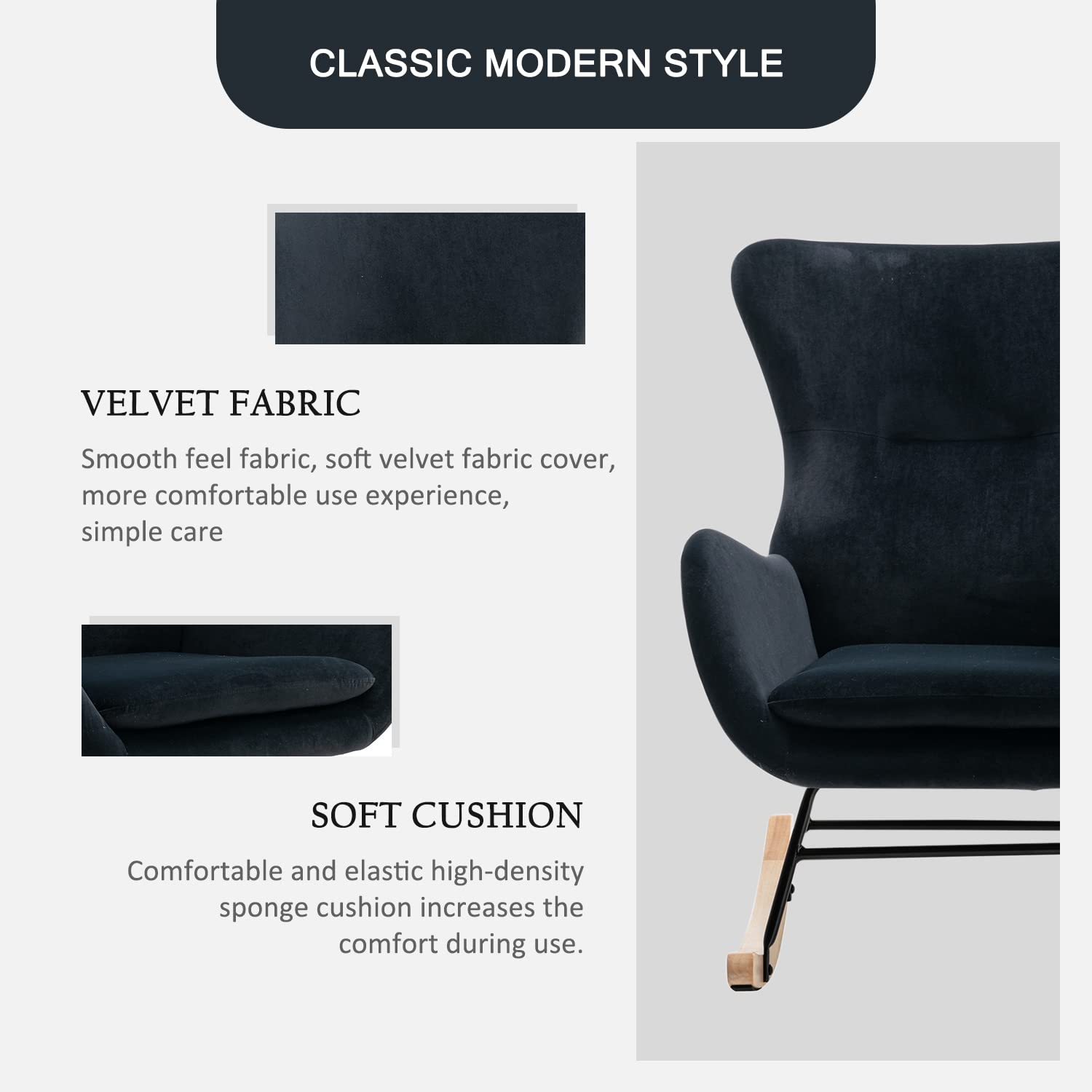 Modern Rocking Chair - High Back Upholstered Glider with Armrests, Comfortable Nursery Rocker for Baby Room, Living Room & Bedroom (Black) - Perfect for Nursing, Reading & Relaxing
