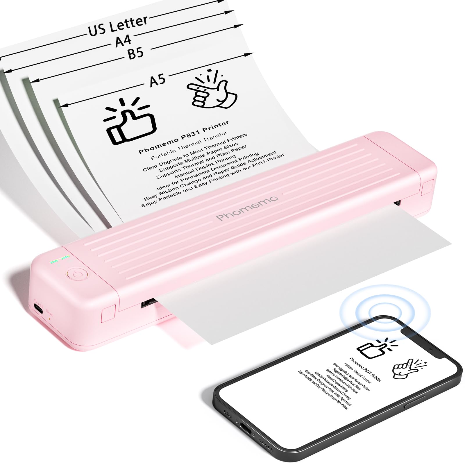 Phomemo P831 Portable Bluetooth Thermal Printer - Wireless Inkless Mini Printer for 8.5x11 & A4 Paper - Travel, Office, Home Use - Print from Phone, Laptop, Tablet - Perfect for Receipts, Labels, Notes & Documents