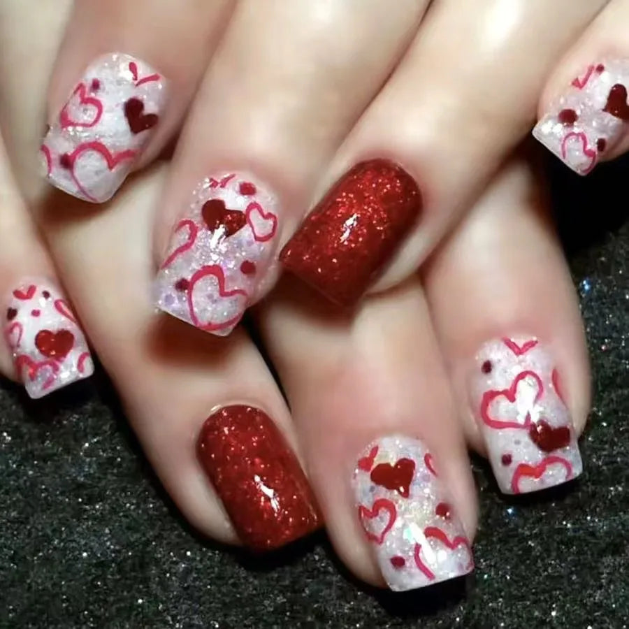 24Pcs Short Glitter Press on Nails - Black & Red Valentine's Day Fake Nails with Full Cover French Tip | Perfect for Parties, Date Nights & Special Occasions