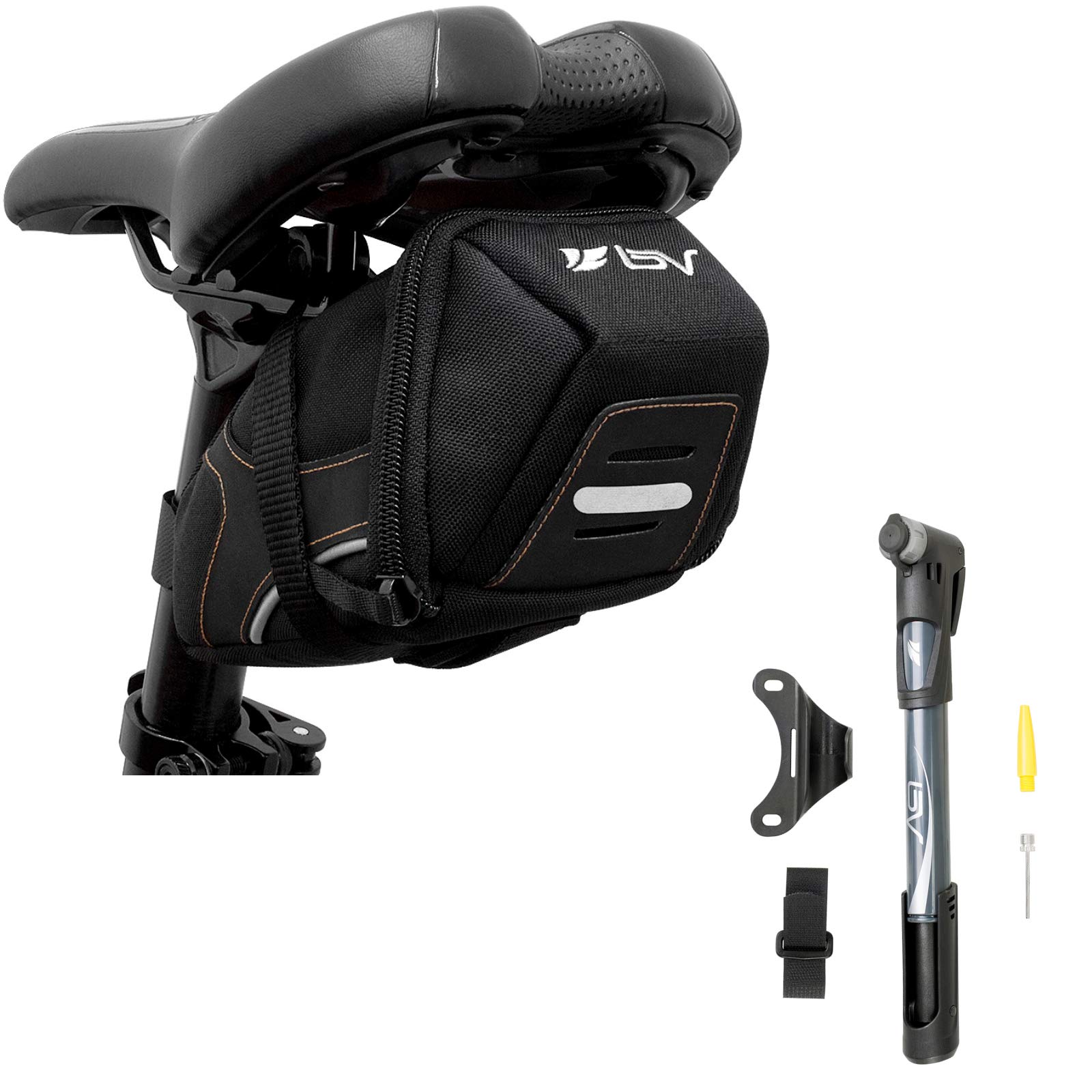 BV Bike Medium Saddle Bag with Mini Pump - Waterproof Cycling Accessories for Mountain & Road Bikes - Perfect for Bike Repair & Emergency Tools On The Go