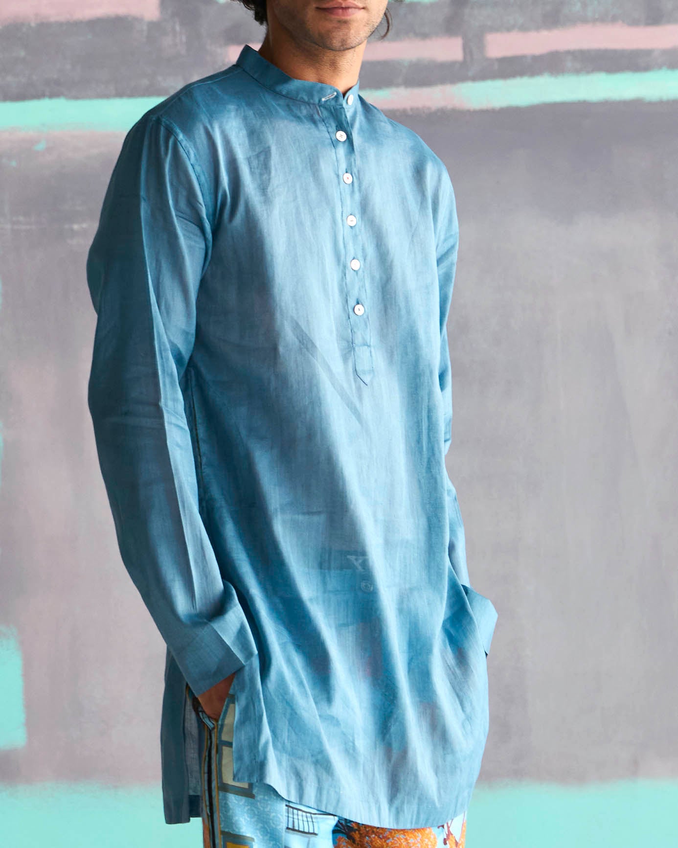 Chhote Miyan Men's Kurta - Soft Voile Linen Blend in Dusty Blue | Traditional Indian Ethnic Wear for Festivals & Weddings
