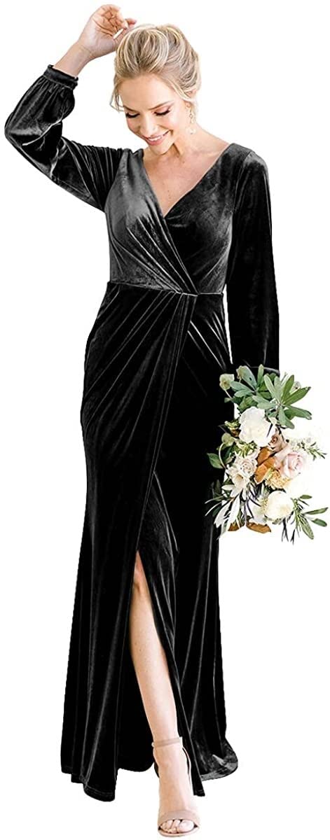 SHINDRESS Women's Velvet Maxi Prom Dress 2022 - Long Sleeve V-Neck A-Line Formal Evening Gown with Backless Slit Design | Perfect for Homecoming, Winter Ball, Black Tie Events and Special Occasions