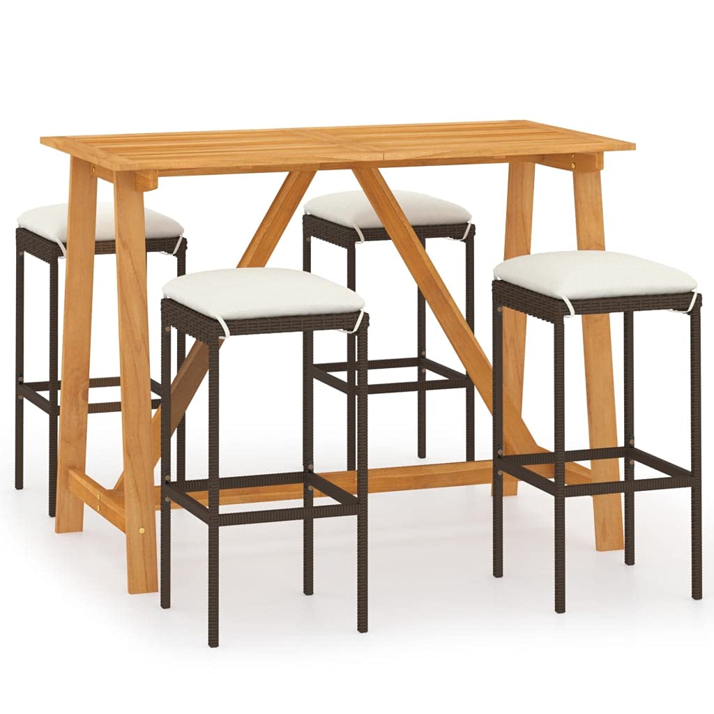 CHARMMA 5-Piece Outdoor Patio Bar Set with Weather-Resistant Cushions - Brown Rattan Bistro Set for Backyard, Garden, Poolside or Balcony Dining