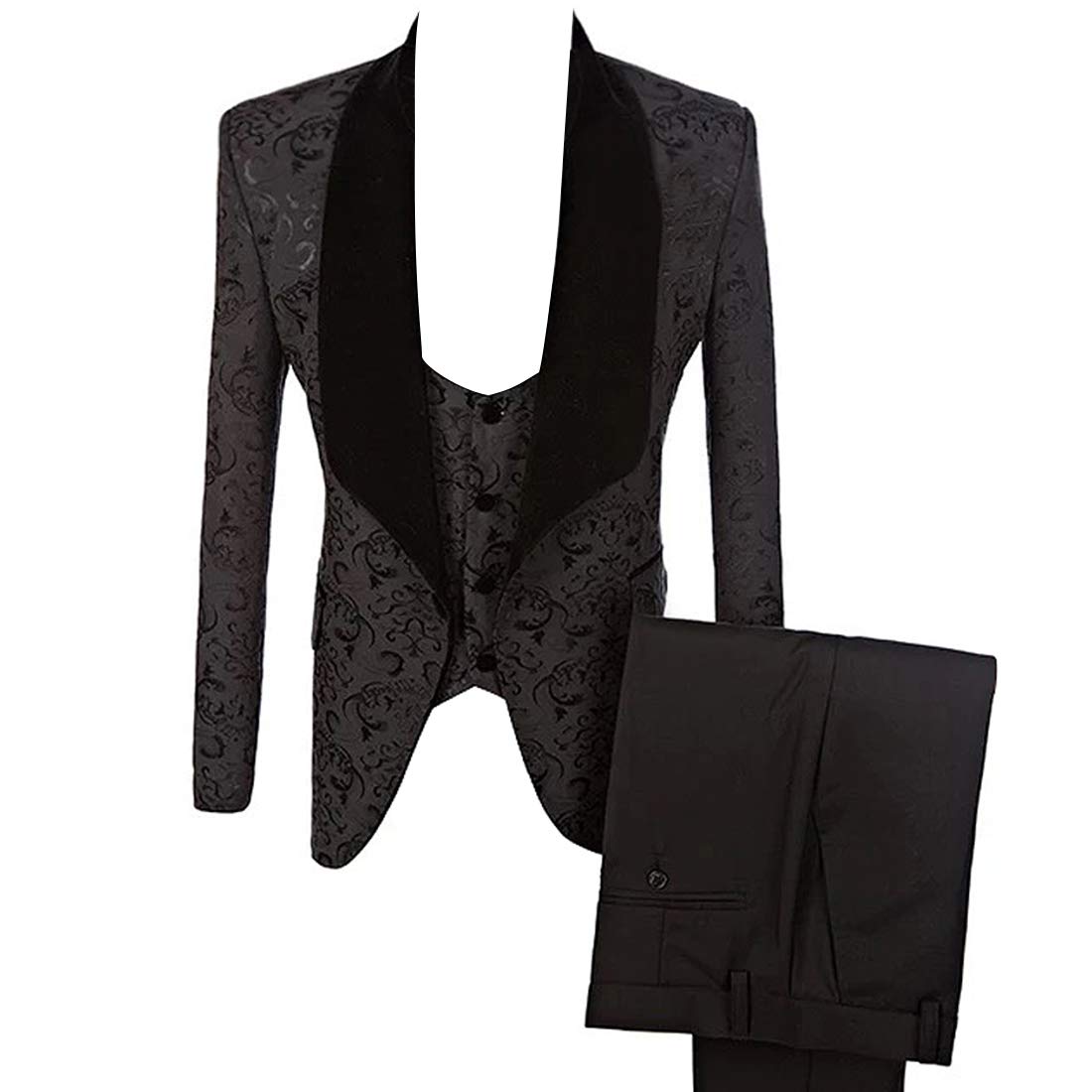 HBDesign Men's 3-Piece Formal Suit Set - 1 Button Black Shawl Lapel with White Pattern | Wedding, Prom, Business & Evening Events