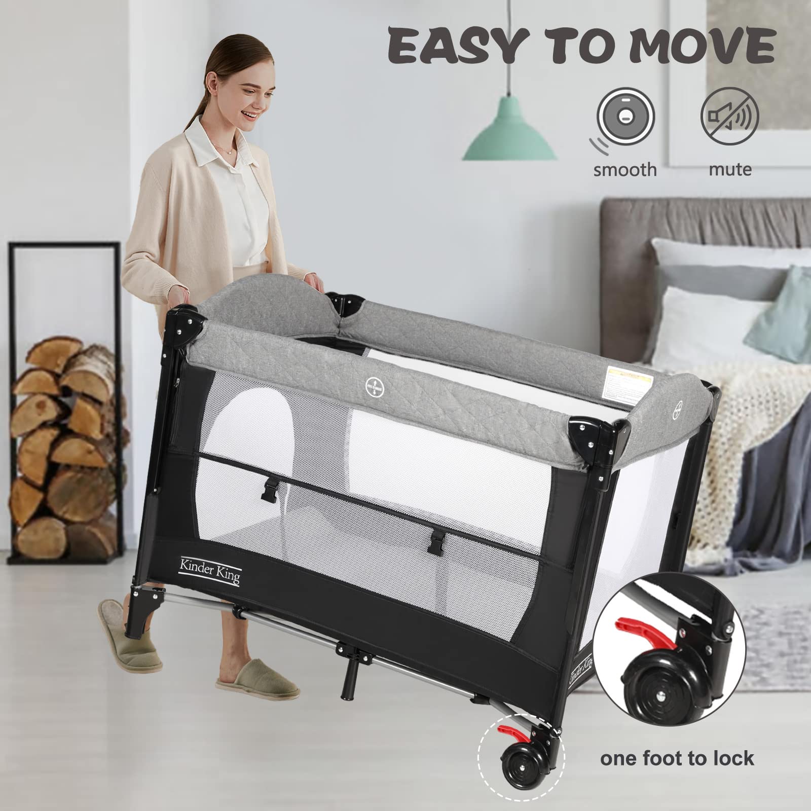 Kinder King 4-in-1 Portable Nursery Center | Foldable Baby Bassinet & Playard with Changing Table & Storage Basket | Perfect for Newborns to Toddlers | Ideal for Bedside Sleeping, Playtime & Diaper Changes