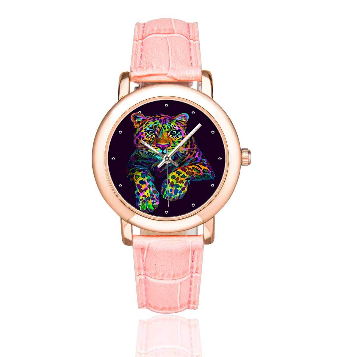 **INTERESTPRINT Women's Pink Leather Strap Watch with Leaves & Berries Design - Rose Gold Casual Wristwatch for Everyday Wear & Fashion Accessories**    **使用场景 (Usage Scenarios):** Perfect for casual outings, office wear, or as a stylish gift for women who love elegant accessories.