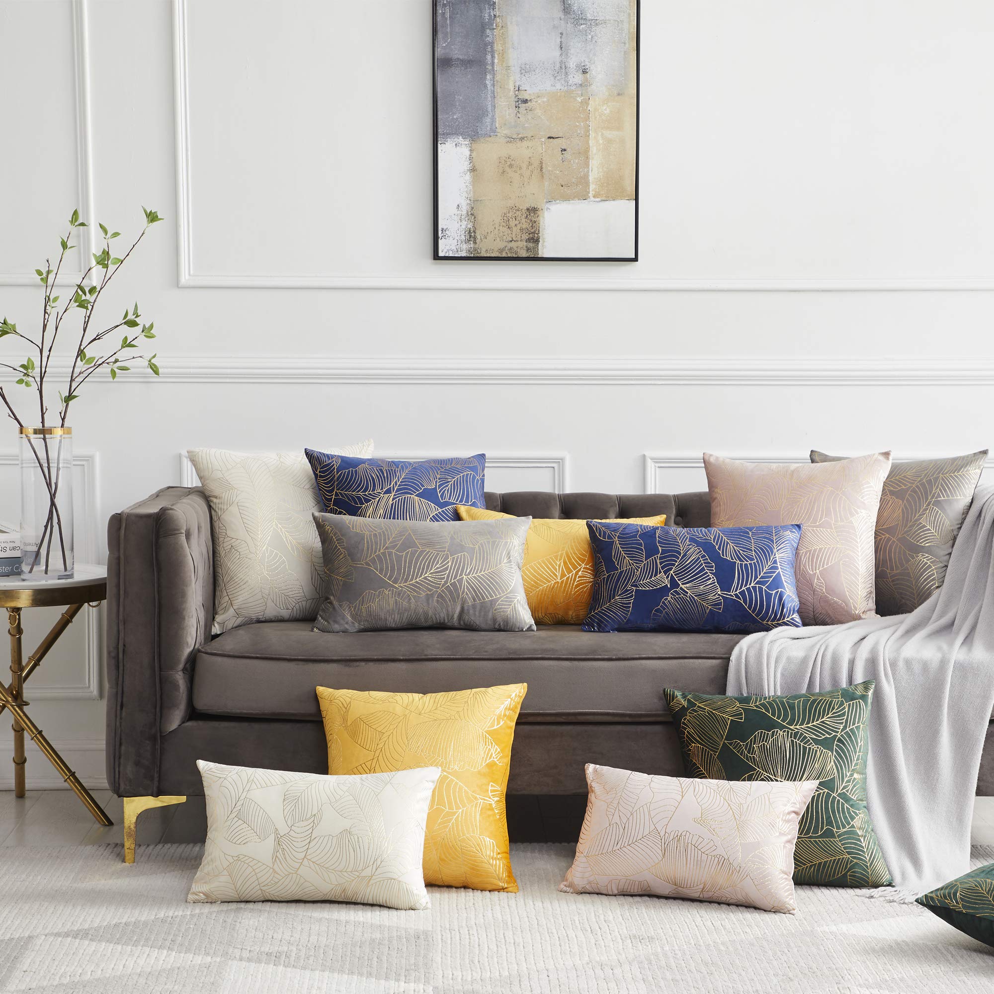 Premium Navy Velvet Throw Pillow Covers 20x20 Inches - Decorative Gold Leaf Design, Soft Couch Pillow Covers for Fall & Winter, Set of 2 - Perfect for Sofa, Bed, Living Room & Home Decor