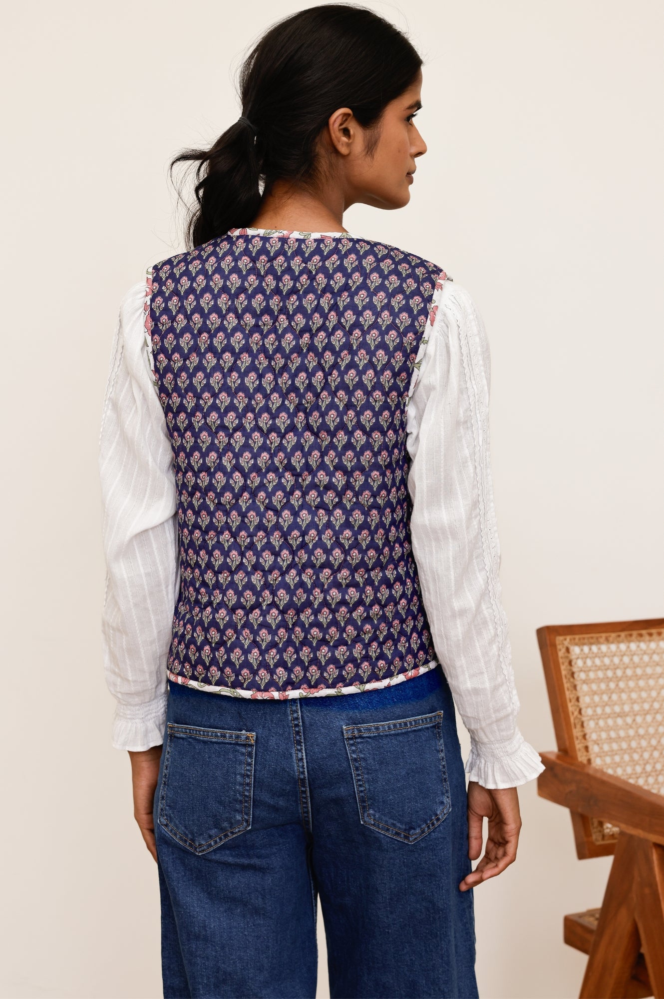 Arlo Quilted Organic Cotton Vest for Women - Primrose Stamp Navy/Pink - Lightweight Layering Piece for Spring & Fall Outfits
