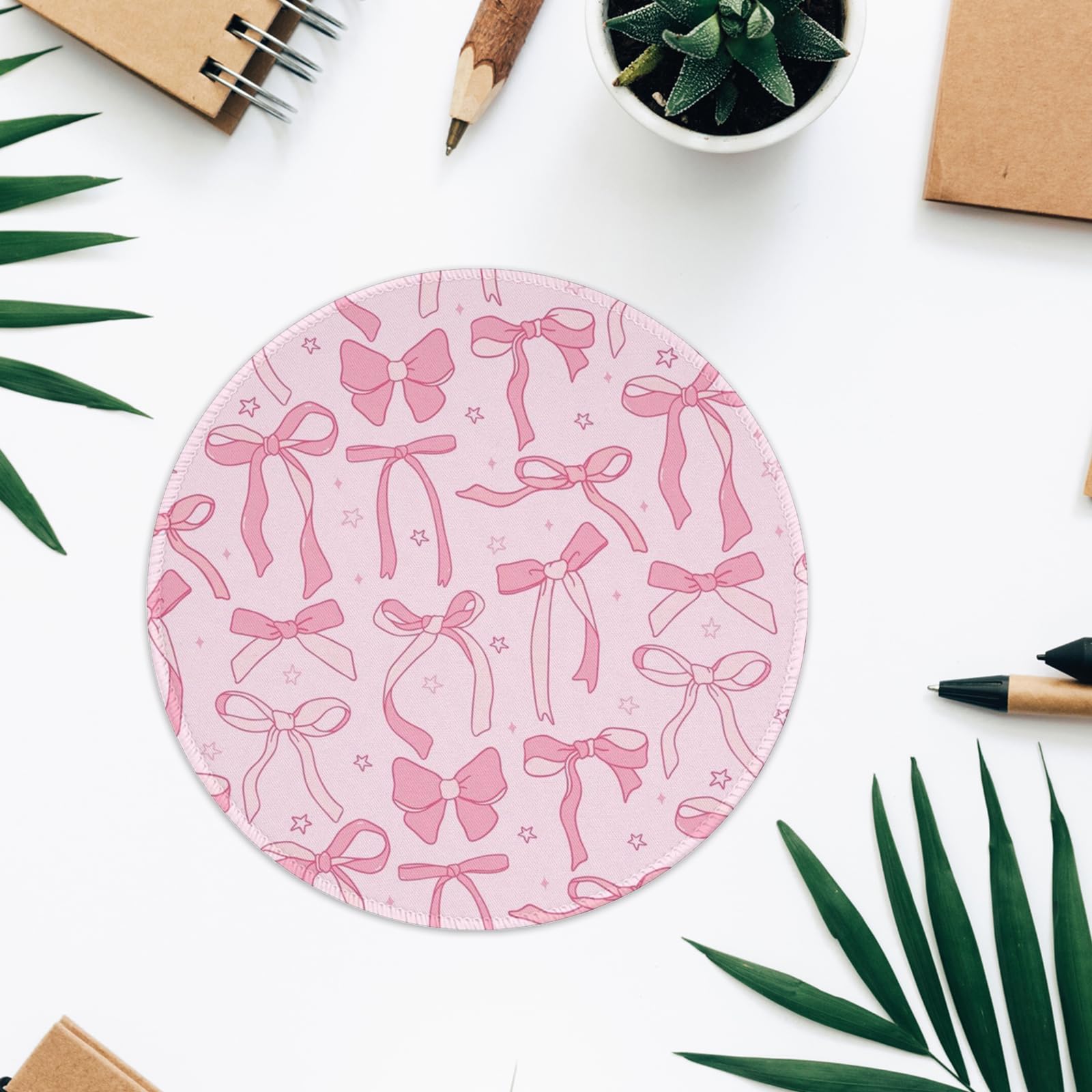 Kawaii Pink Bow Round Mouse Pad - Non-Slip Rubber Base Desk Accessory for Laptop & Computer (7.9×7.9 Inch) | Cute Office Decor & Travel Mousepad for Work, Gaming & Home Use