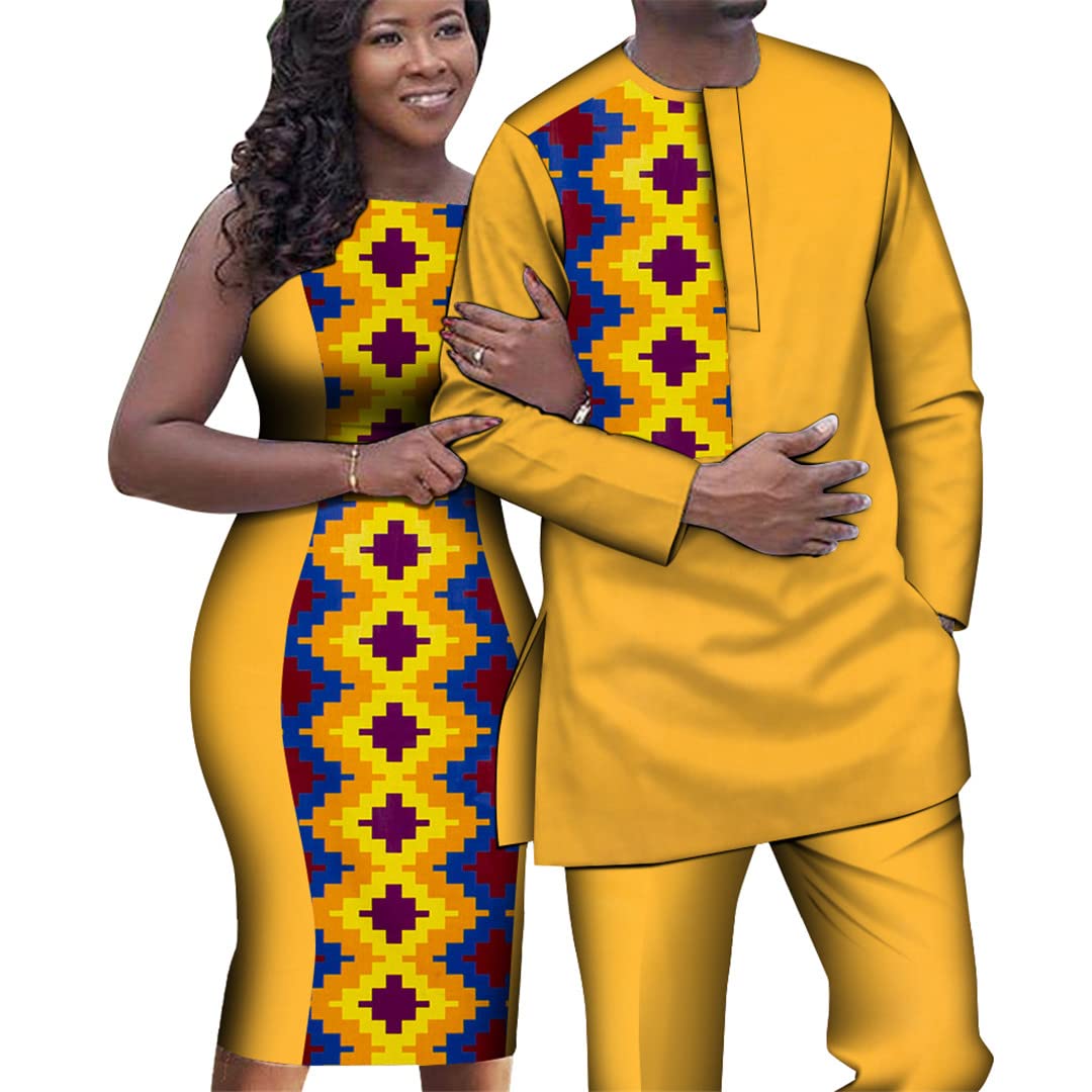 African Couple Outfits - Women's Sleeveless Slim Fit Dress & Men's Dashiki Shirt & Pants Set - 5XL (XXXL) - Perfect for Weddings, Anniversaries & Cultural Celebrations