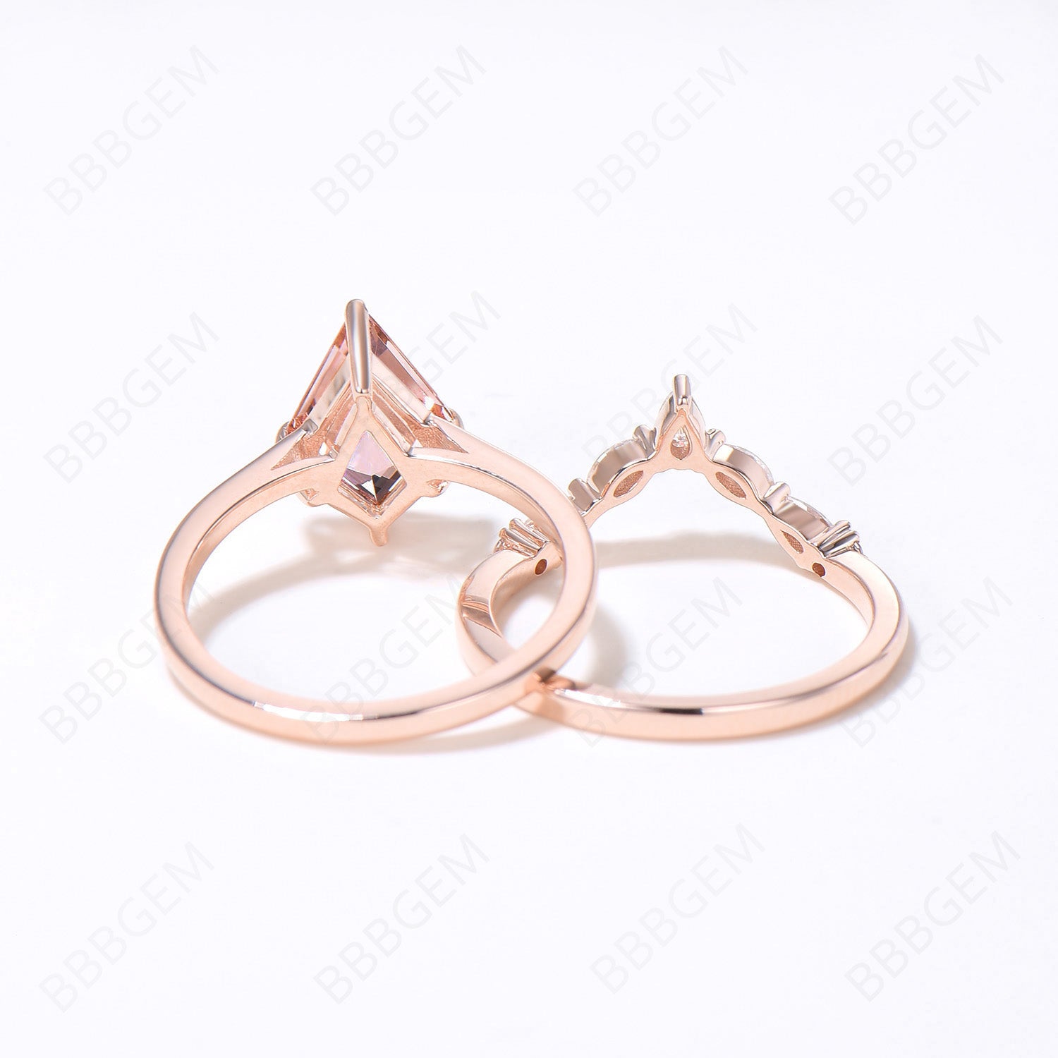 Rose Gold Peach Morganite Engagement Ring Set - Unique Kite Cut Natural Morganite & Moissanite Bridal Ring for Women | Perfect for Proposals, Weddings & Anniversary Gifts