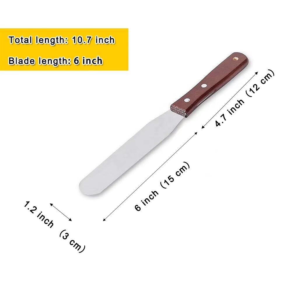 6 Inch Stainless Steel Straight Icing Spatula with Wooden Handle - Professional Cake Decorating Tool for Buttercream, Fondant & Frosting - Perfect for Bakers, Home Bakers & Cake Artists (Set of 2)