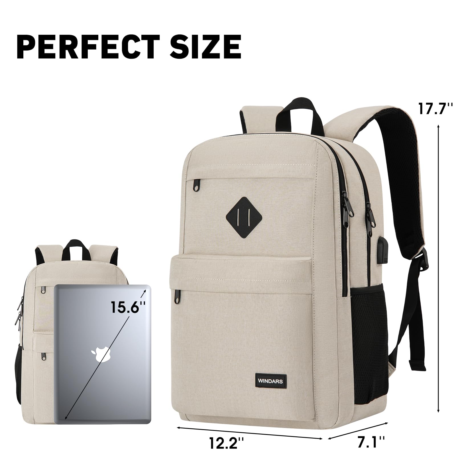 Stylish 15.6 Inch Laptop Backpack for Men & Women - Durable School Bookbag with USB Charging Port & 2 Compartments - Perfect for College, Work, Travel & Business (Beige) - Ideal for Daily Commute, Campus Life & Business Trips