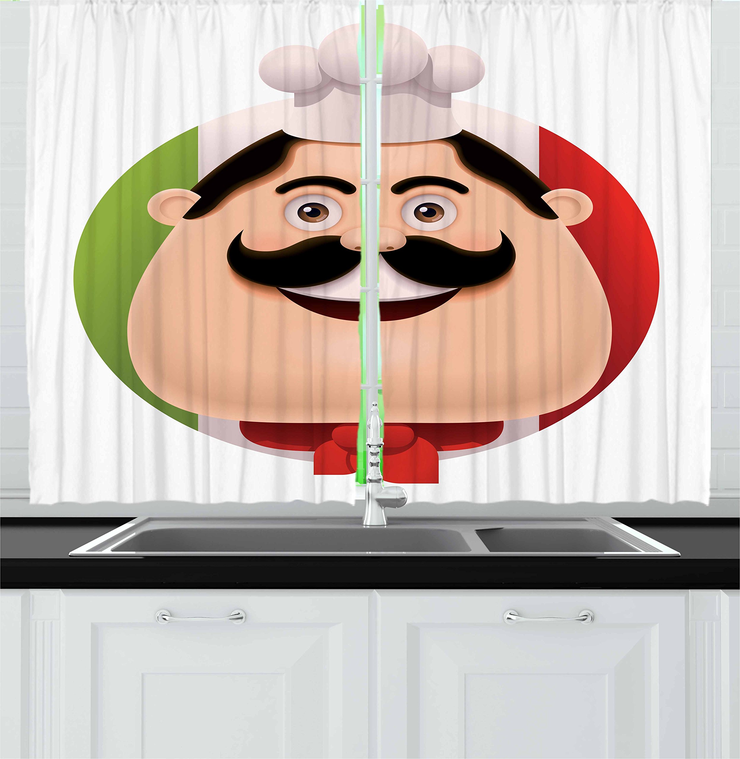 Lunarable Italian Flag Kitchen Curtains Set - 2 Panels with Cartoon Chef Design, 55