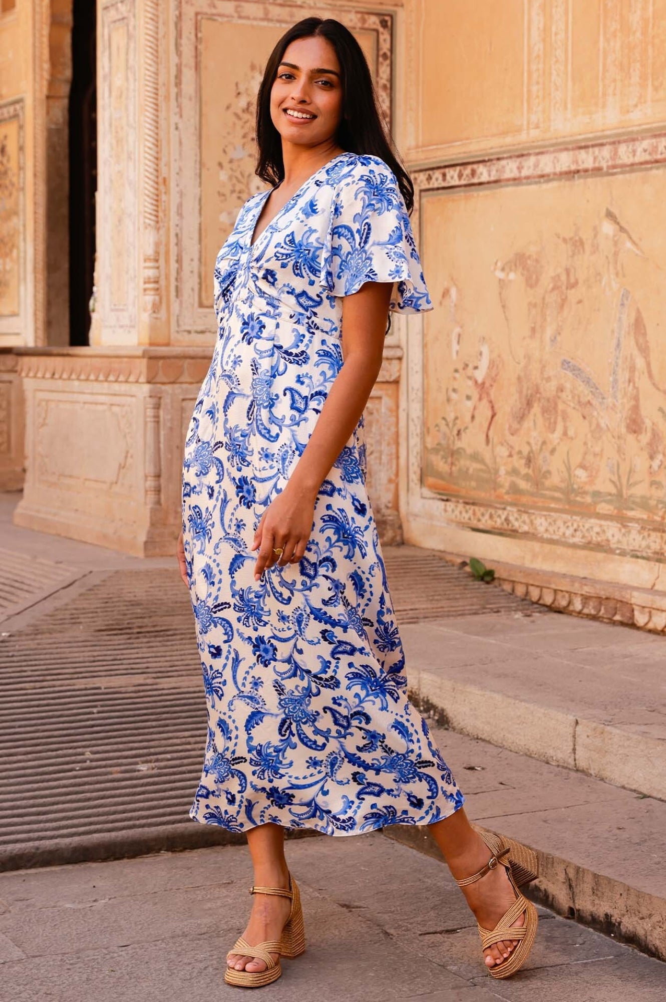 Anais Hammered Satin Dress - Floral Paisley Print in Cream & Blue | Elegant Evening Gown for Cocktail Parties, Weddings & Special Occasions