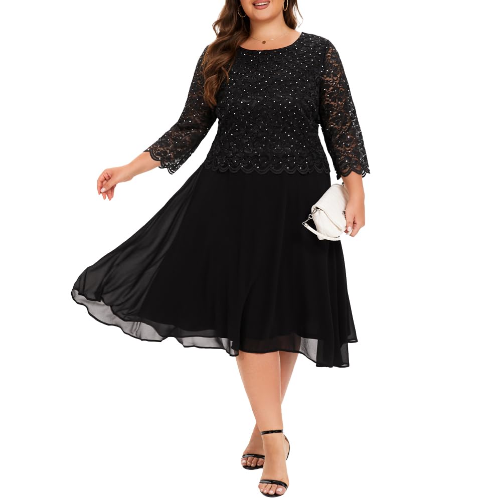 Plus Size Sequin Lace Tea Length Dress for Women - Elegant Mother of the Bride Dress for Weddings, Parties & Special Occasions | Perfect for Cocktail Receptions, Anniversary Celebrations & Formal Events