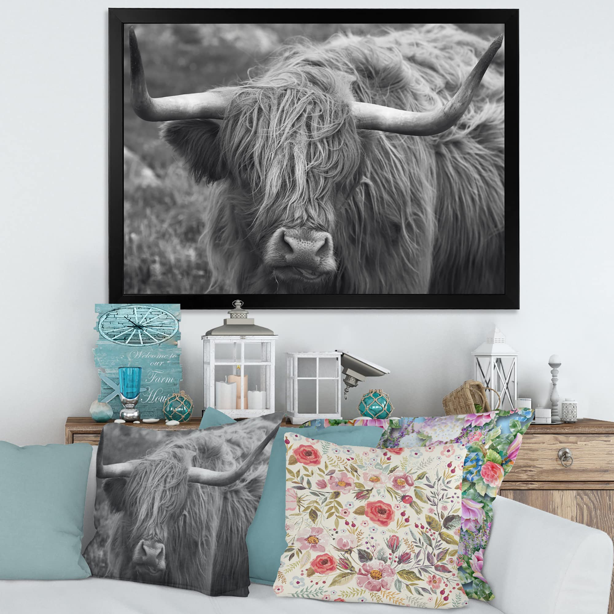 Scottish Highland Cow on Moorland - Farmhouse Framed Wall Art Decor for Living Room, Bedroom & Office