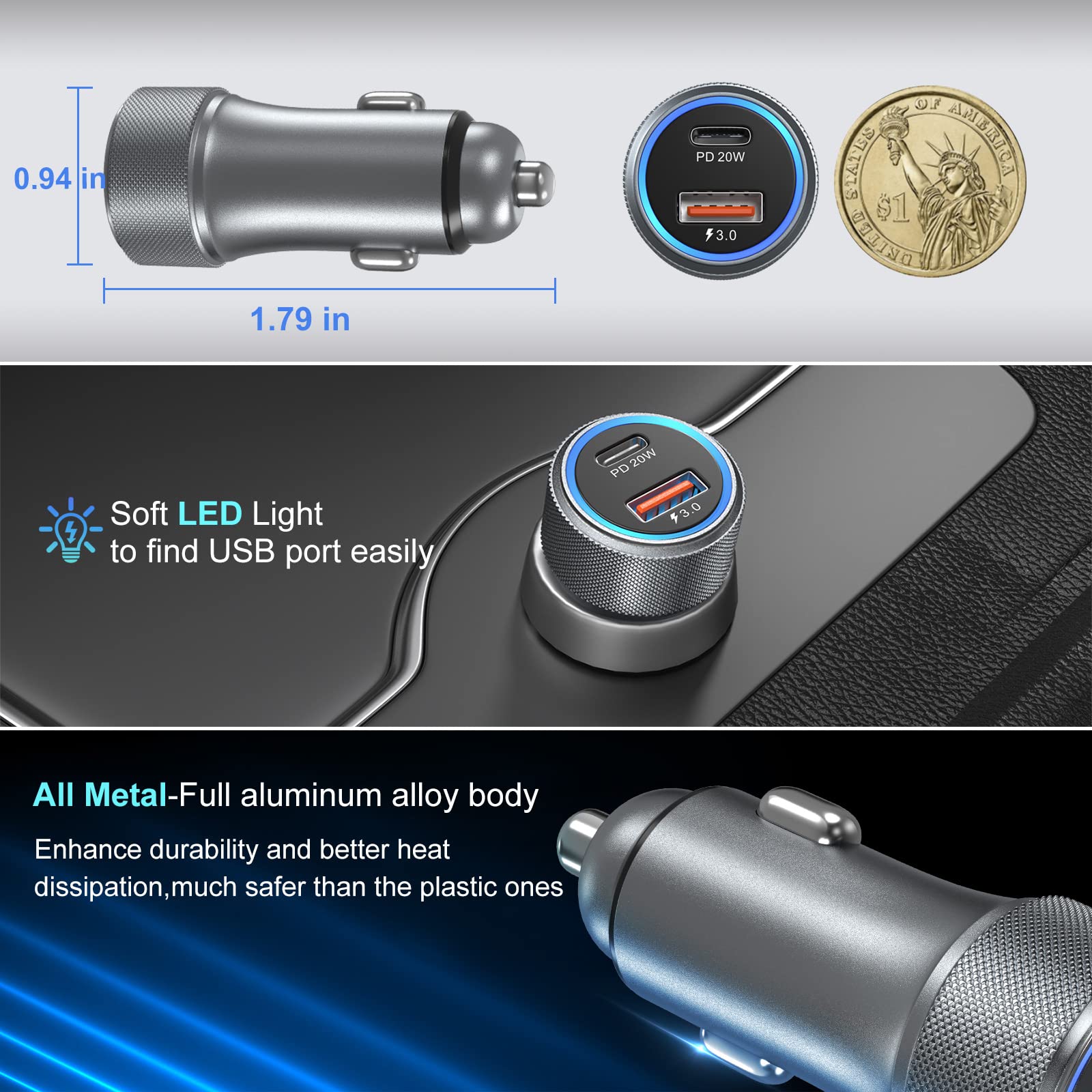 Bangfun 36W Dual USB C Car Charger with PD&QC 3.0 Fast Charging - 12V Cigarette Lighter Adapter for iPhone 16/15/14/13/12/11 Pro Max & Samsung A13/A53/A54 - Perfect for Road Trips & Daily Commutes (Grey)