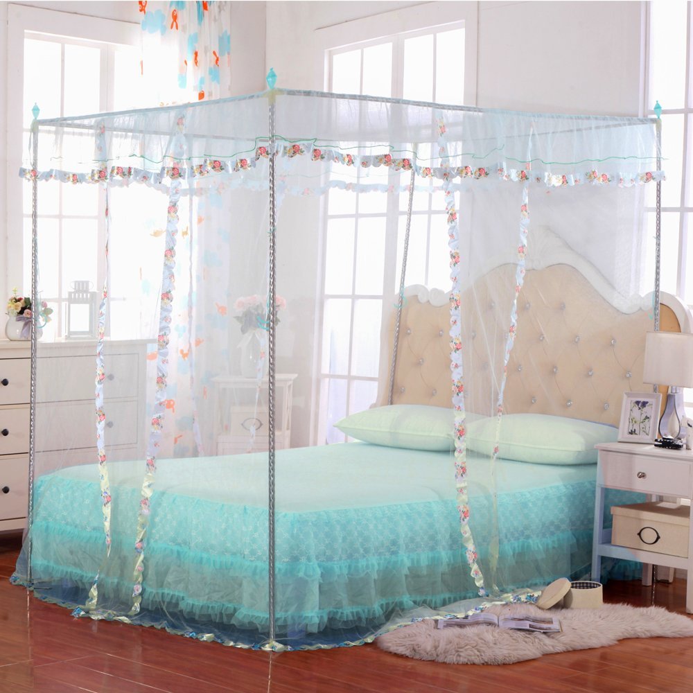 Light Blue Twin Size Canopy Bed Curtains - 4 Corner Canopy for Girls & Adults, Elegant Bedroom Decor for Romantic & Boho Style Bedrooms