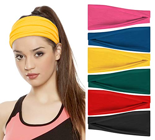 6 Pack Cotton Yoga Headbands - Stretchable Elastic Sports Headbands for Running, Workout, Gym - Non-Slip Hair Bands for Men & Women - Perfect for Yoga, Fitness, Jogging, and Outdoor Activities