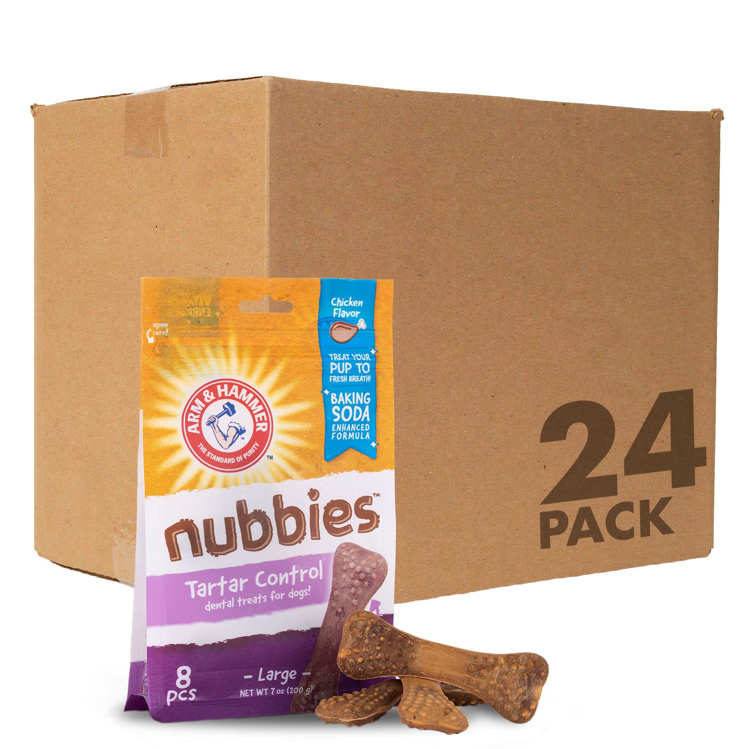 Arm & Hammer for Pets Nubbies Dental Treats for Dogs - Natural Dental Chews to Fight Bad Breath, Plaque & Tartar | No Brushing Needed | Large Size Chicken Flavor (24 Packs, 192 Count) - Perfect for Daily Oral Care & Fresh Breath at Home or Travel