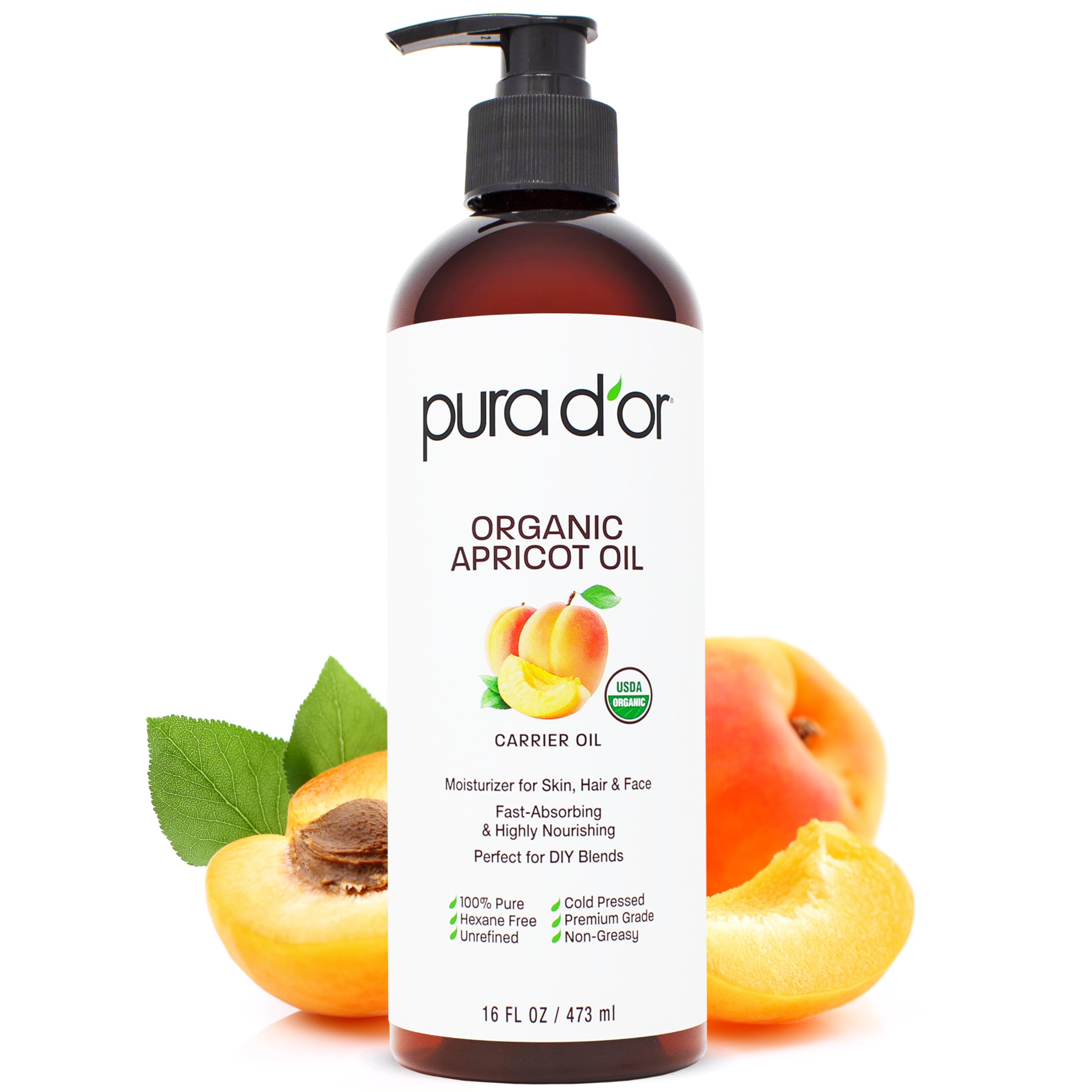PURA D'OR 16 Oz Organic Apricot Kernel Oil - 100% Pure Cold Pressed Carrier Oil for Face, Skin & Hair Care - USDA Certified, Rich in Vitamin E & Antioxidants - Natural Moisturizer for Glowing Skin & Soft Hair - Perfect for Daily Skincare & Hair Treatment Routine