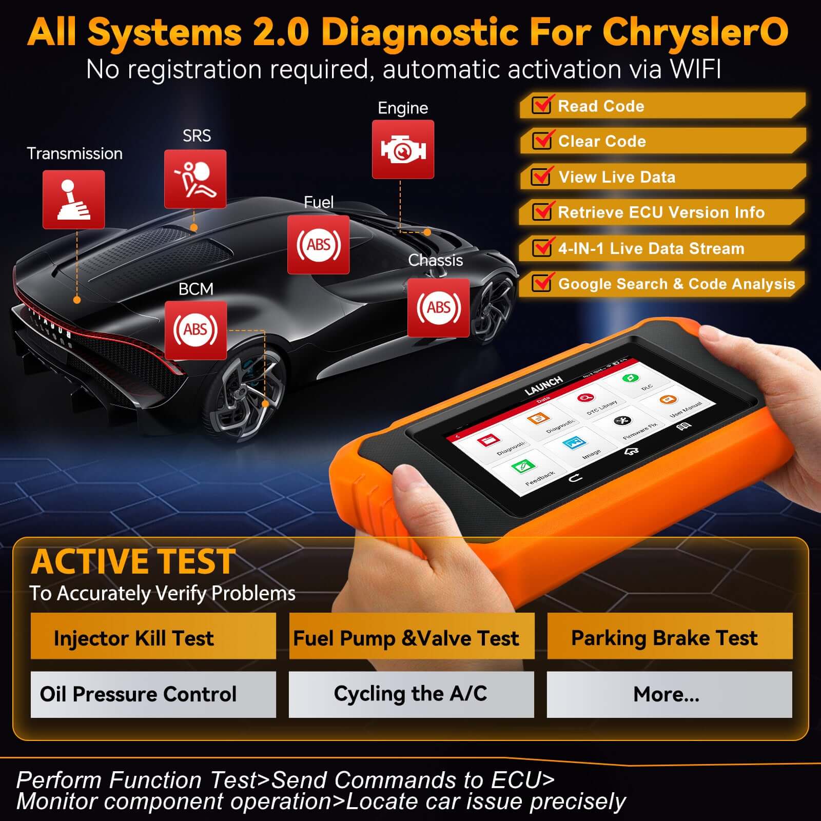 LAUNCH X431 Creader Elite 2.0 OBD2 Scanner - Professional Bi-Directional Diagnostic Tool for Chrysler Dodge Jeep RAM Vehicles | Full System Scan & ECU Coding | Auto Repair Shop & Home Mechanic Use