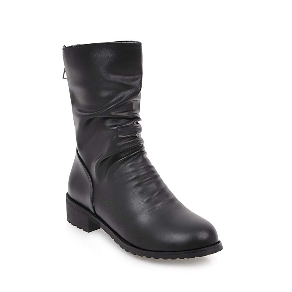 Women's Casual Slouchy Mid Calf Boots - Low Block Heel, Round Toe with Zipper & Warm Fur Lining | Comfortable Winter Boots for Daily Wear, Office & Outdoor Activities