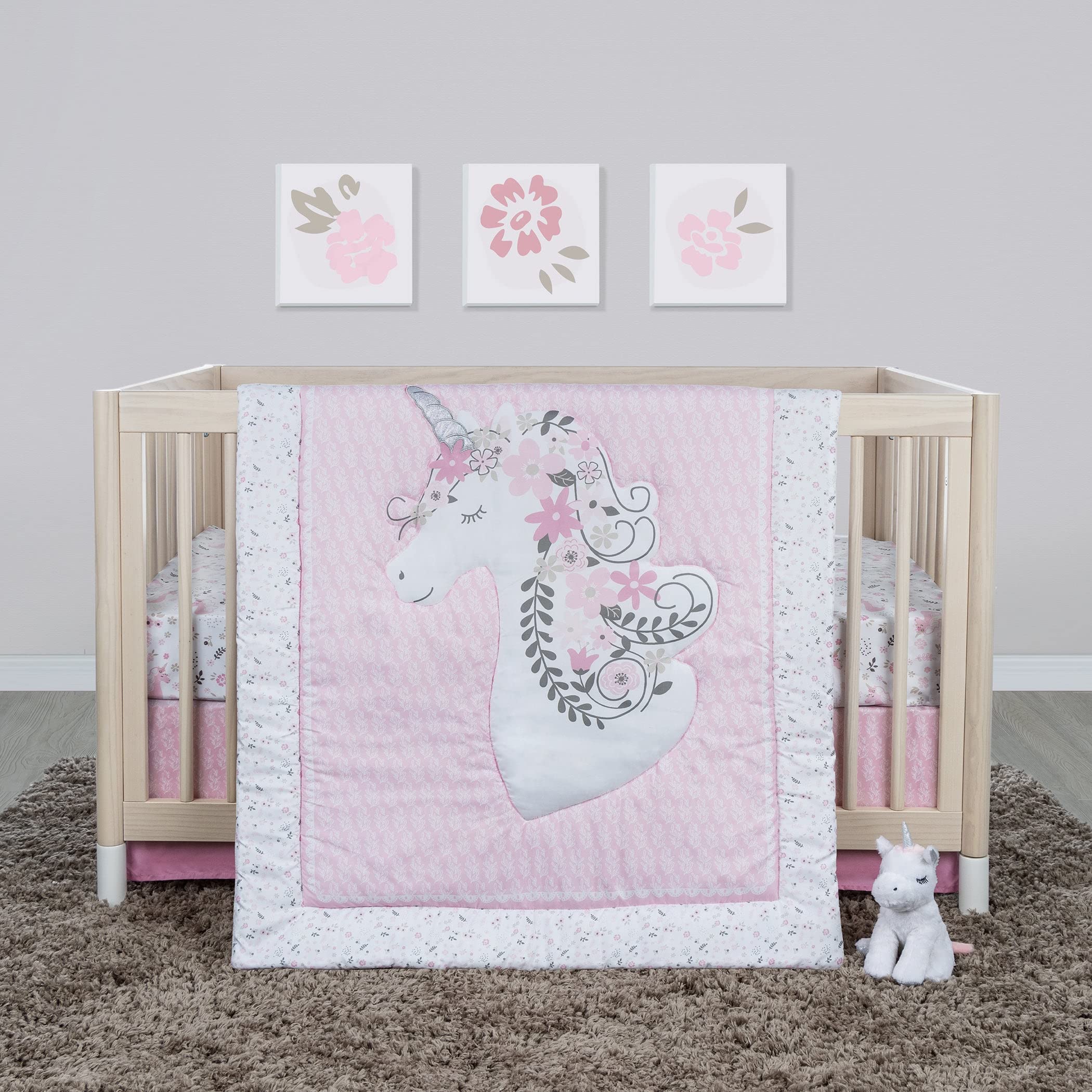 Sammy & Lou Unicorn Floral 4-Piece Baby Crib Bedding Set for Girls - Soft Quilt, Fitted Crib Sheet, Crib Skirt & Plush Stuffed Toy | Perfect Nursery Decor for Newborns & Toddlers | Gender Reveal & Baby Shower Gift Idea