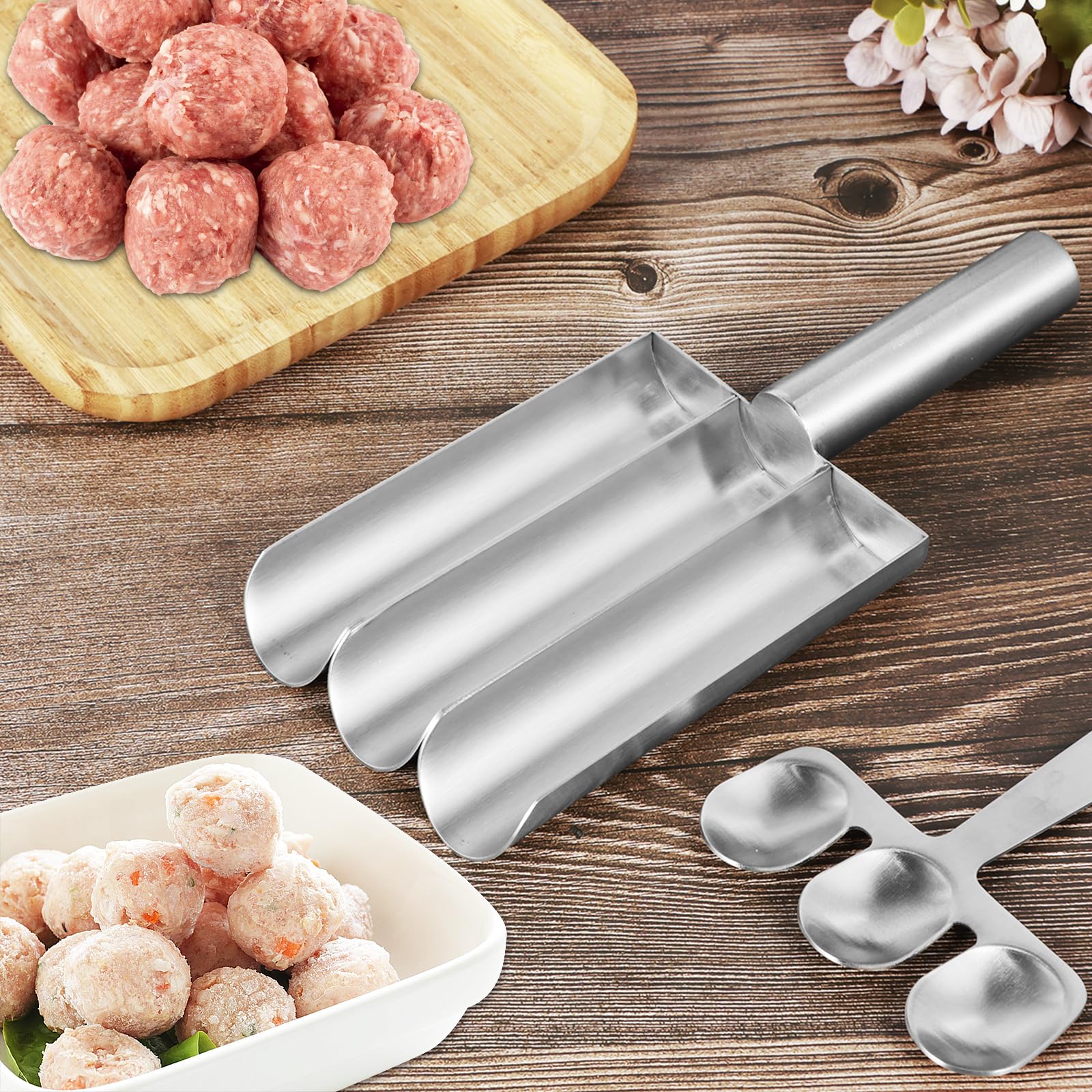 Stainless Steel Triple Meatball Scoop Maker with Scraper - Long Handle Manual Meat Baller for Perfect Meatballs & Cookie Dough - Ideal for Home Kitchen, Restaurant & Meal Prep