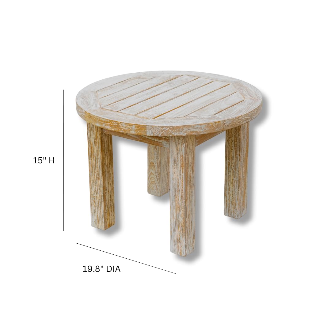 Alveare Home White Teak Round Outdoor End Table - Durable Patio Side Table for Garden, Poolside & Balcony Use