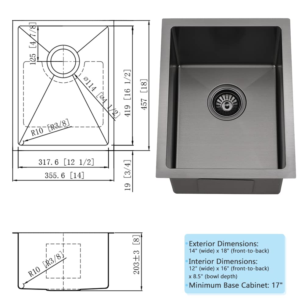 14 Inch Black Undermount Bar Sink - VASOYO 14x18 Stainless Steel Bar Prep Sink, 16 Gauge Single Bowl Kitchen Sink with Bottom Grid & Drain - Perfect for Small Kitchens, Outdoor, RV Use