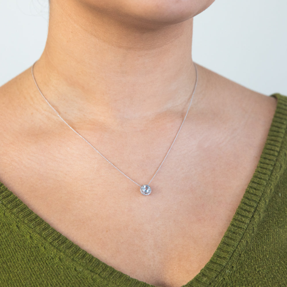 9ct White Gold 0.45ct Aquamarine and Diamond Halo Pendant Necklace - 45cm Chain - Elegant Jewelry for Women - Perfect for Weddings, Anniversaries & Special Occasions