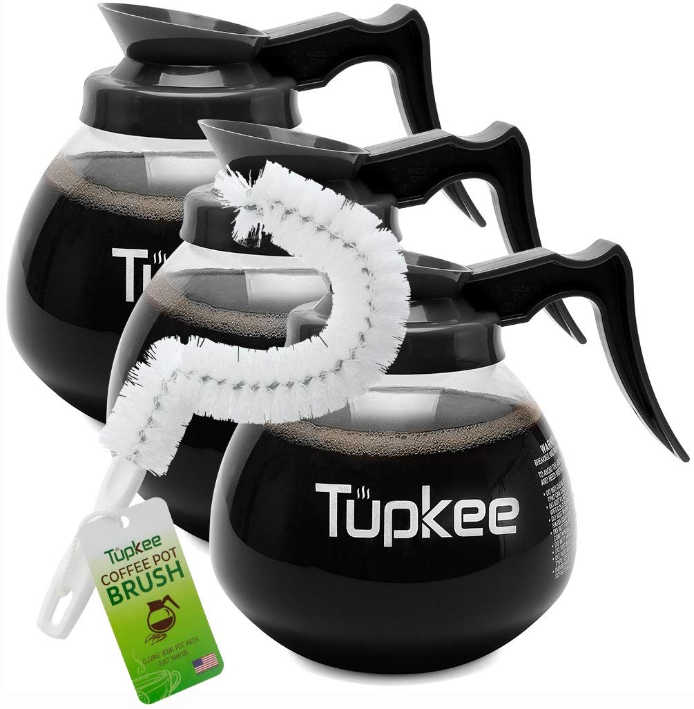 Commercial Coffee Carafe Replacement - 64 oz (12 Cup) Glass Decanter with Black Handle - Set of 3 for Restaurants & Cafes - Compatible with Wilbur Curtis, Bloomfield, Bunn Coffee Makers - Includes Cleaning Brush - Perfect for Busy Coffee Shops, Diners & Office Break Rooms