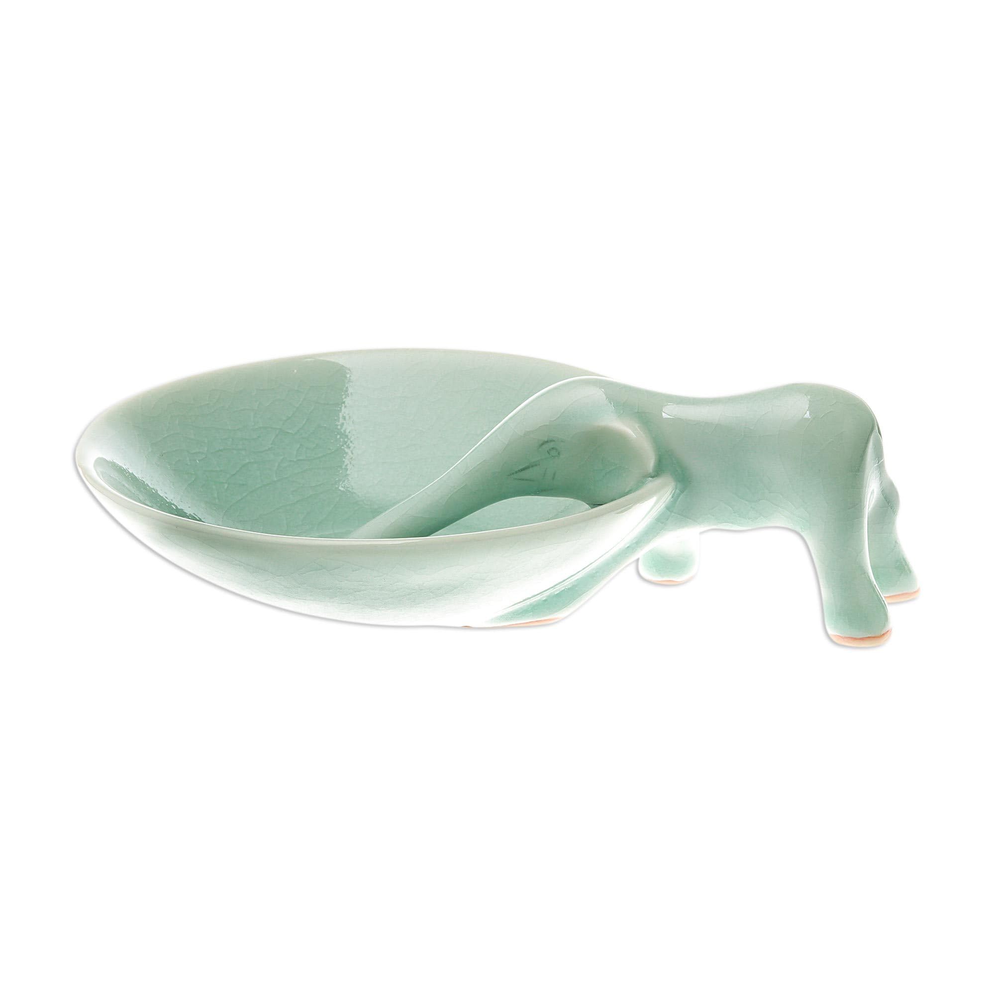 NOVICA Handmade Green Ceramic Elephant Incense Holder - 'Sipping Elephant' Statue for Home Decor, Yoga Meditation & Gift Giving