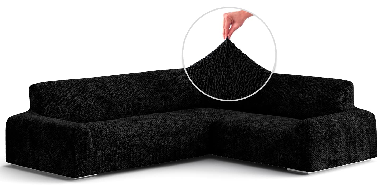 Stretch Corner Sofa Slipcover - 1-Piece Form Fit Sectional Couch Cover - Soft Velvet Polyester Fabric - Black - Protects & Enhances Your Living Room Furniture - Perfect for Pets, Kids & Daily Use