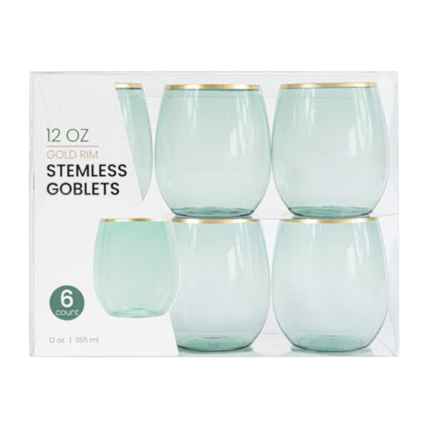12 oz. Green Plastic Stemless Wine Goblets With Gold Rim - Set of 6 Shatterproof Cups for Outdoor Parties, Picnics, and Poolside Drinks