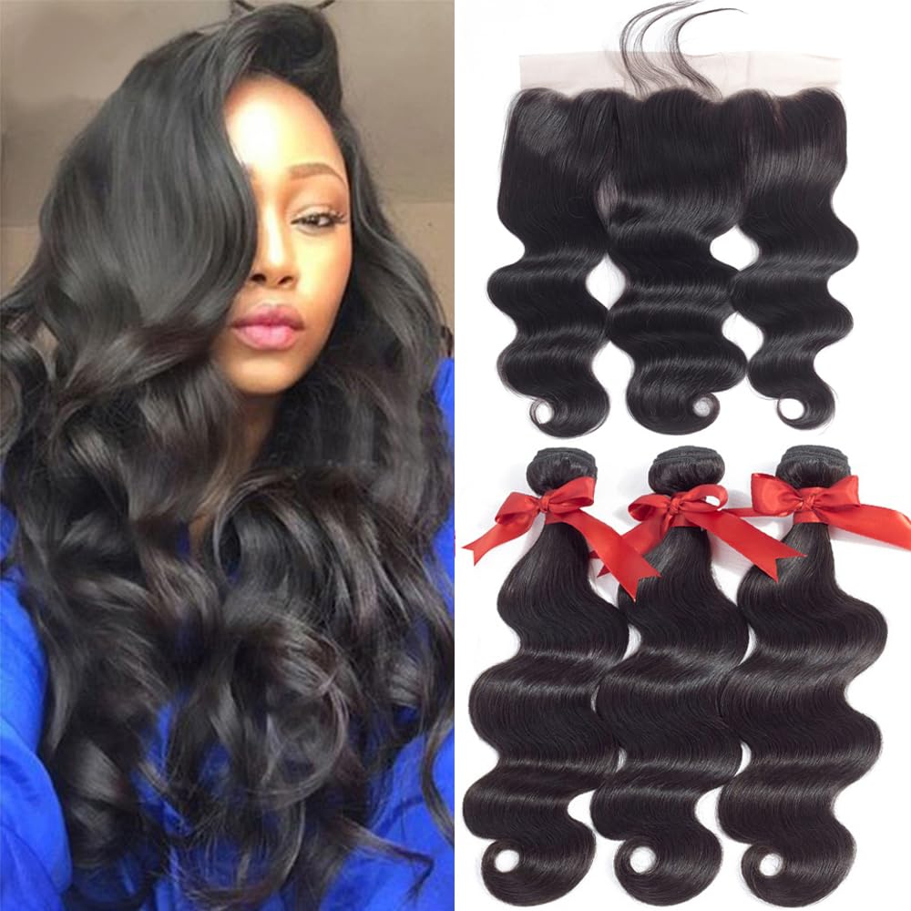 Brazilian Body Wave 3 Bundles with Lace Frontal - 100% Virgin Human Hair (16/18/20+16) 13x4 Ear to Ear Lace Closure - Natural Black Hair Extensions for Styling, Weaving & Protective Hairstyles