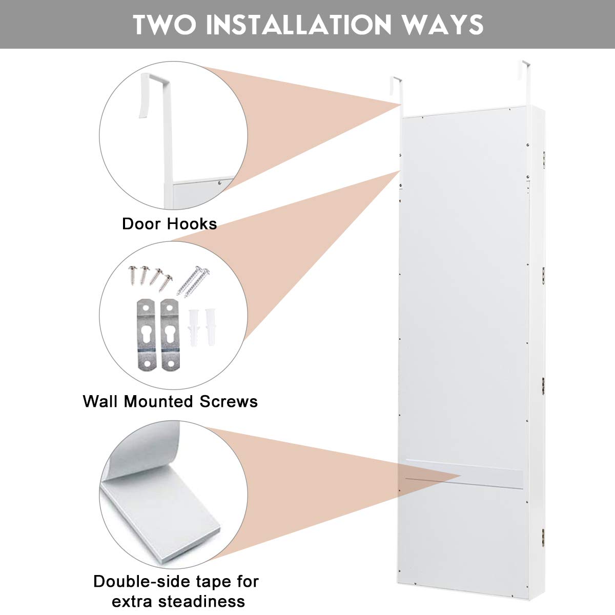 Giantex Wall Mounted Jewelry Armoire Cabinet with Full-Length Mirror - Large Storage Organizer with Ring Earring Slots, Necklace Hooks & Shelves - Perfect for Bedroom, Closet & Dressing Room Organization