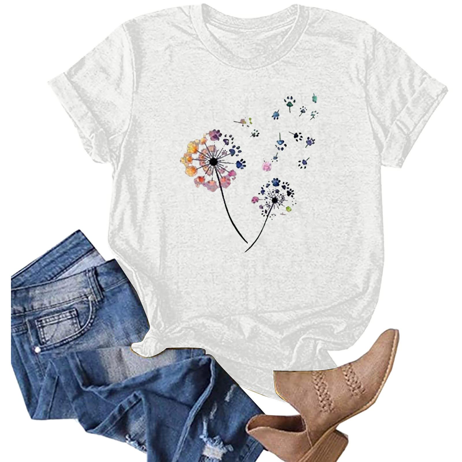 Women's Summer Shirts - Cute Sunflower Print Tops & Blouses, Short Sleeve Tunic Tees with Crew Neck | Perfect for Beach Outings, Casual Wear & Vacation Style