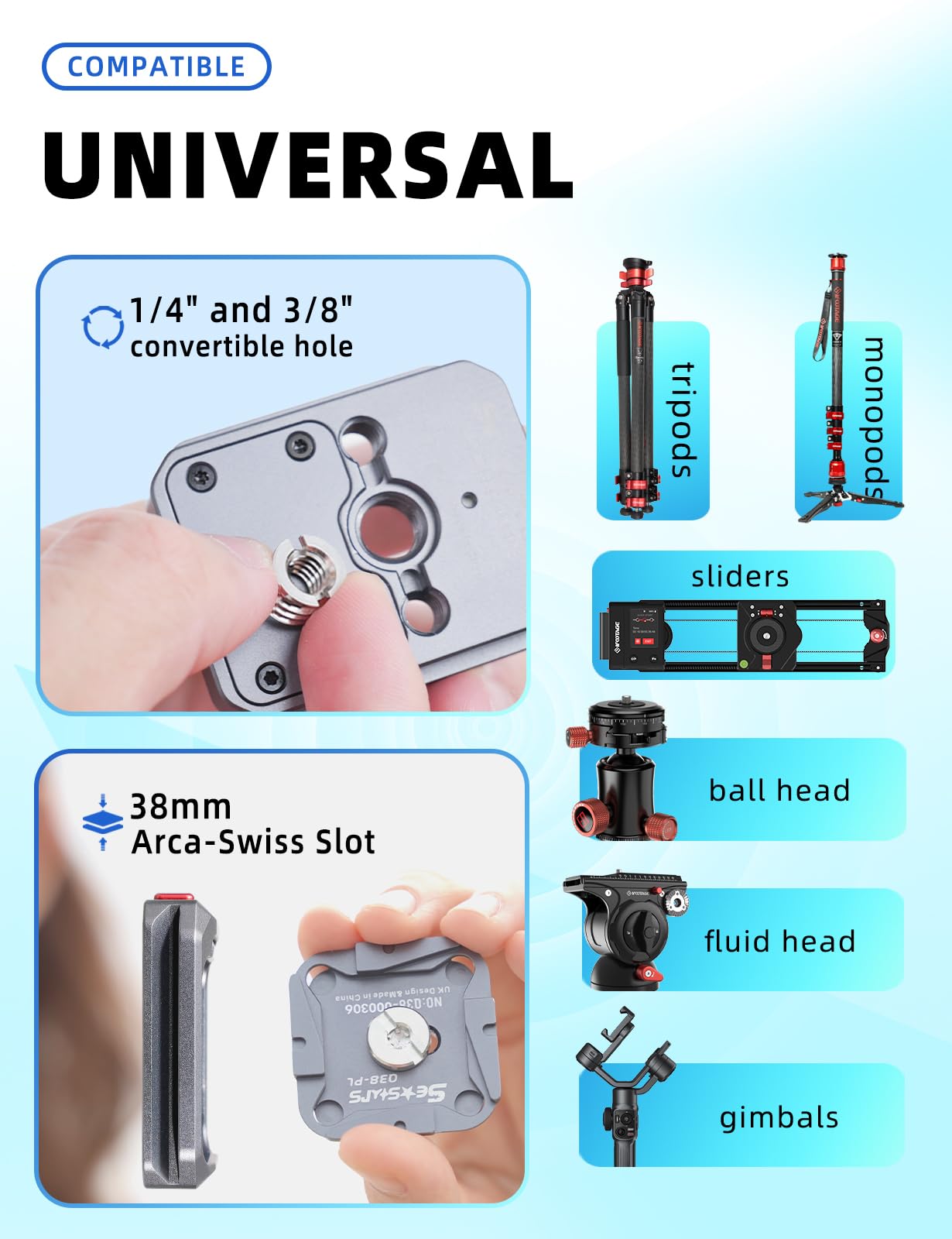 iFootage Q38 Quick Release Plate - Camera Tripod Mount Adapter for Sony Canon DSLR | Monopod Stabilizer Slider DJI Compatible | Professional Photography & Videography Accessory