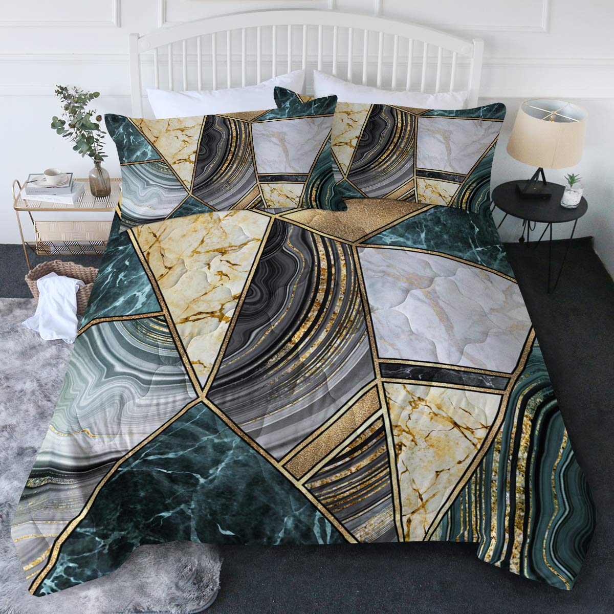 **BlessLiving Geometric Marble Bed Comforter Set - Full/Queen Size, Watercolor Modern Triangle Design, Gold & Green Soft Fabric with Brushed Microfiber Fill (1 Comforter + 2 Pillow Shams) | Luxury Bedding for Modern Bedrooms, Guest Rooms & Dorm Decor**